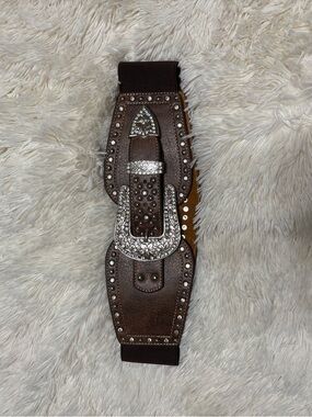Montana West Brown Stretch Belt with Ornate Silver Buckle